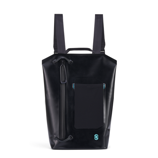 Front view of Backpack with black waterproof shell, vertical zip closure, and front mesh bottle pocket.