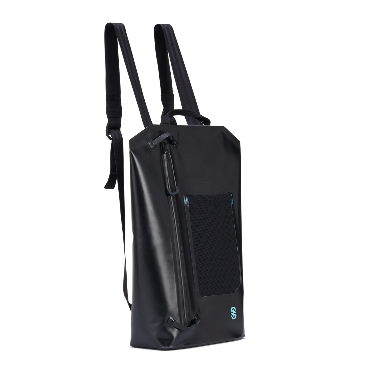Angled side view of Backpack highlighting the vertical waterproof zipper and textured bottle holder panel.