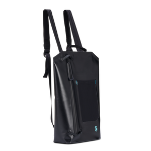 Angled side view of Backpack highlighting the vertical waterproof zipper and textured bottle holder panel.