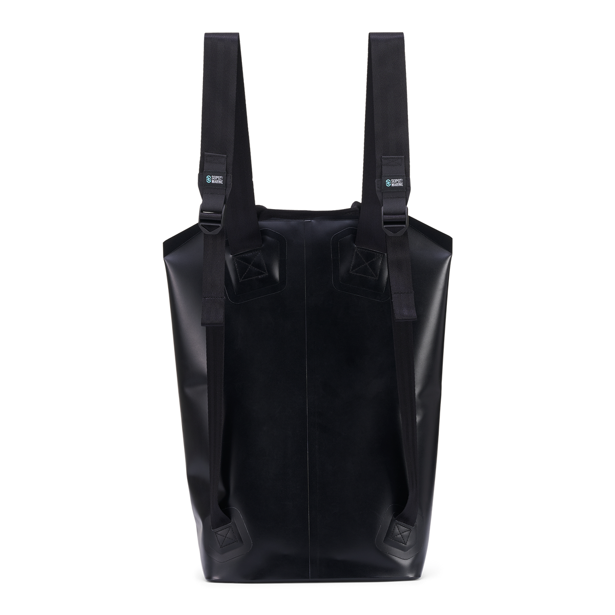 Rear view of Backpack showing padded shoulder straps, reinforced seams, and minimalist black design.