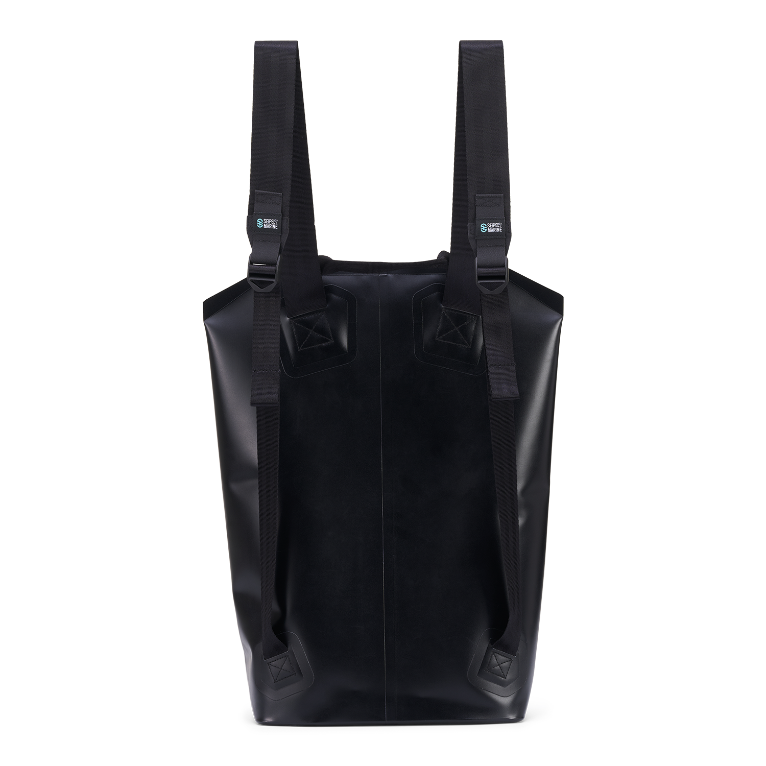 Rear view of Backpack showing padded shoulder straps, reinforced seams, and minimalist black design.