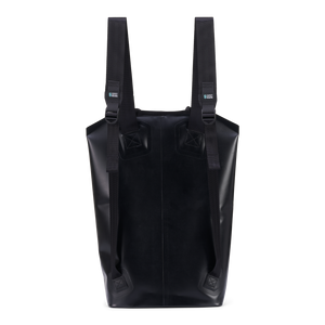 Rear view of Backpack showing padded shoulder straps, reinforced seams, and minimalist black design.