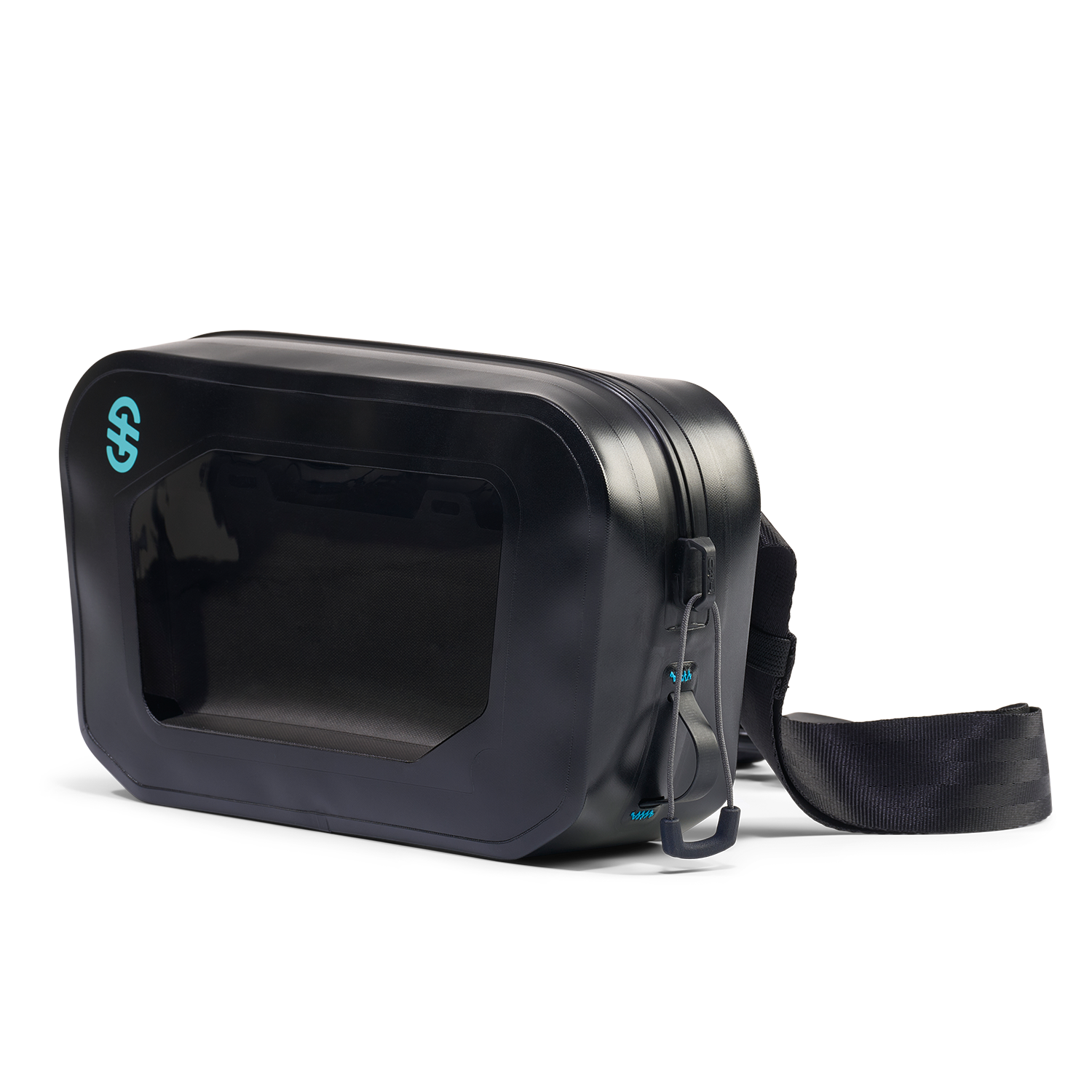 Angled front view of Hip Pack with clear phone window, black waterproof shell, and zip closure.