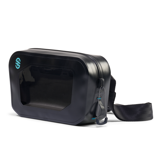 Angled front view of Hip Pack with clear phone window, black waterproof shell, and zip closure.