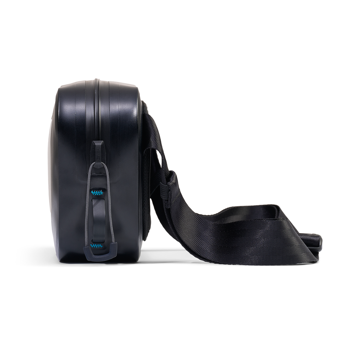 Side view of Hip Pack showing waterproof zipper, reinforced edges, and adjustable waist strap.