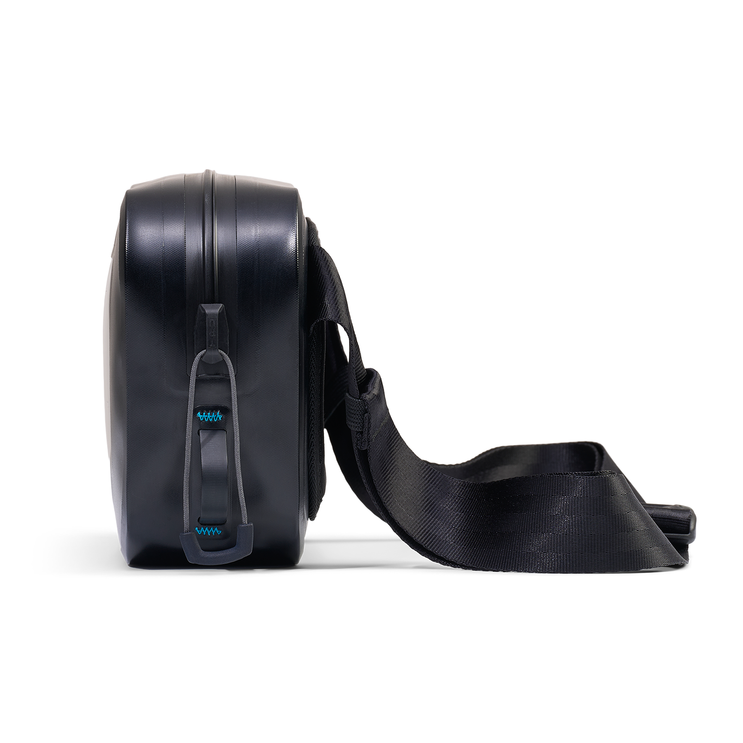 Side view of Hip Pack showing waterproof zipper, reinforced edges, and adjustable waist strap.