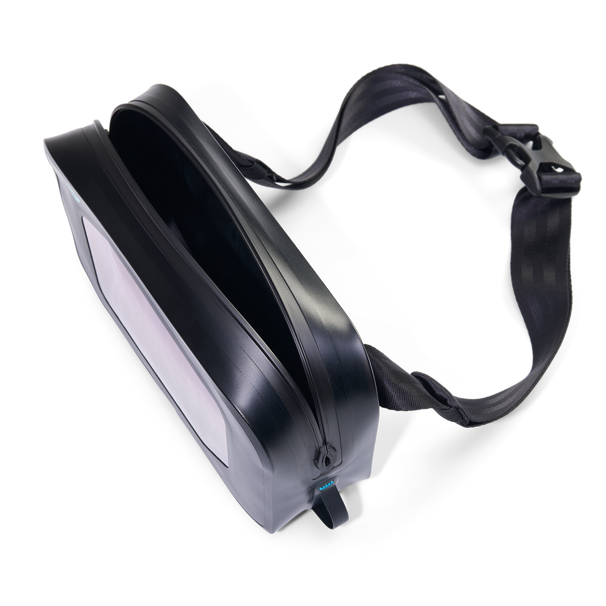 Angled top view of Hip Pack highlighting slim profile, welded seams, and durable TPU coating.