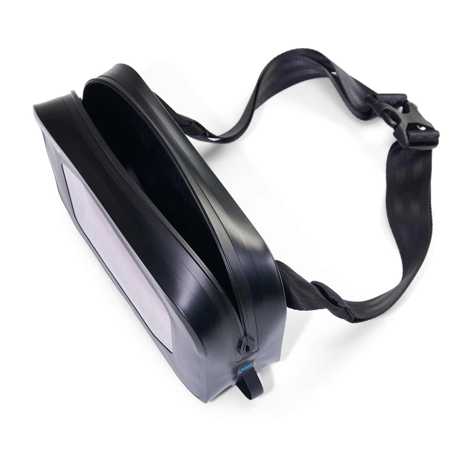 Angled top view of Hip Pack highlighting slim profile, welded seams, and durable TPU coating.