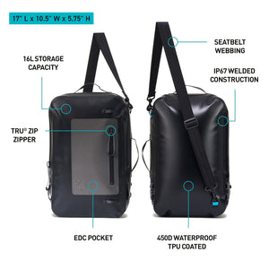 Black waterproof Dry Day Pack, front and side views, showing sling strap, EDC pocket, and 16L capacity.