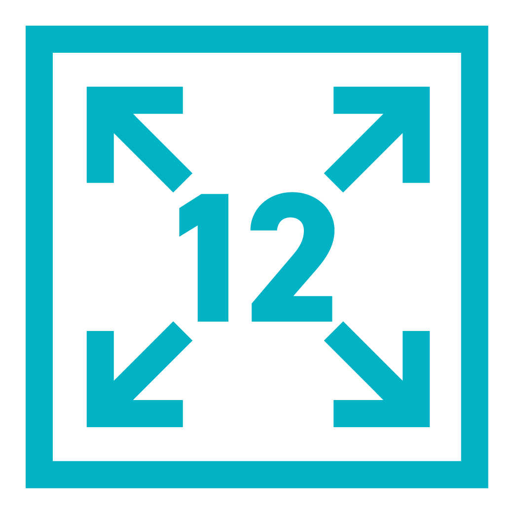 Icon showing expandable arrows with the number 12 indicating 12-liter storage capacity.