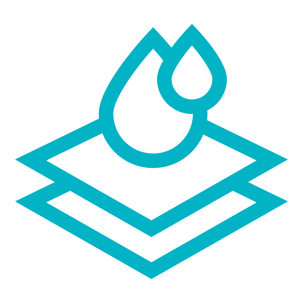 Icon of layered material with water drops indicating waterproof or submersible construction.