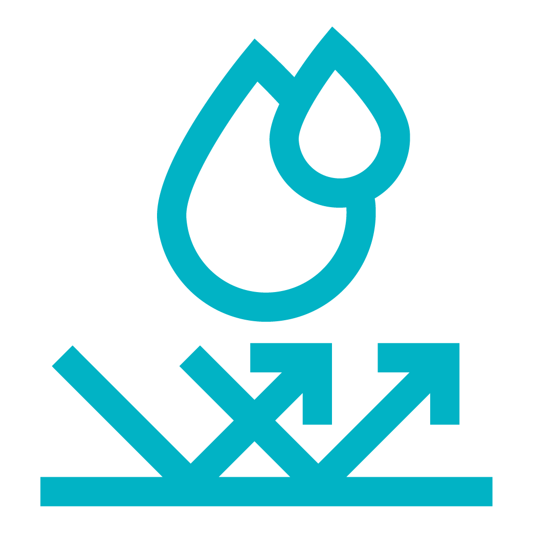 Icon of layered material with water drops indicating welded, waterproof construction.