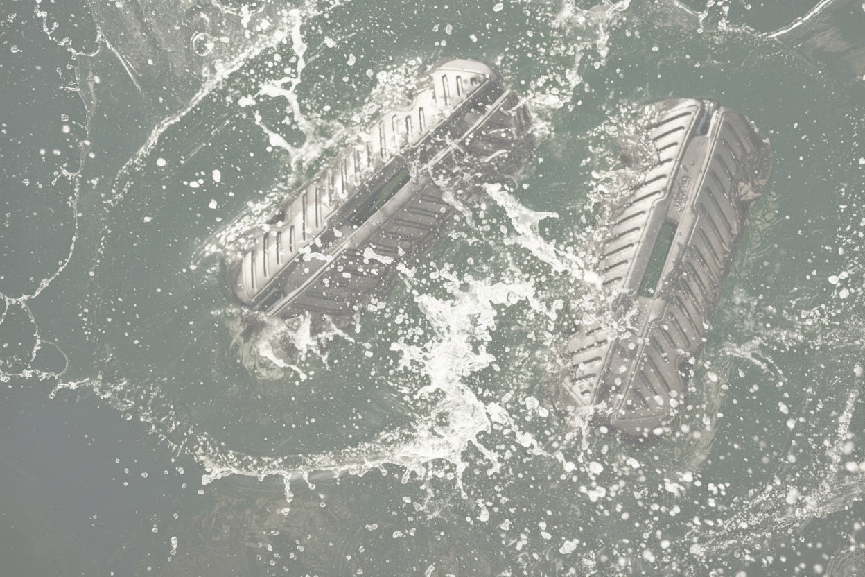 Two black inflatable fenders splashing in the water beside a boat.
