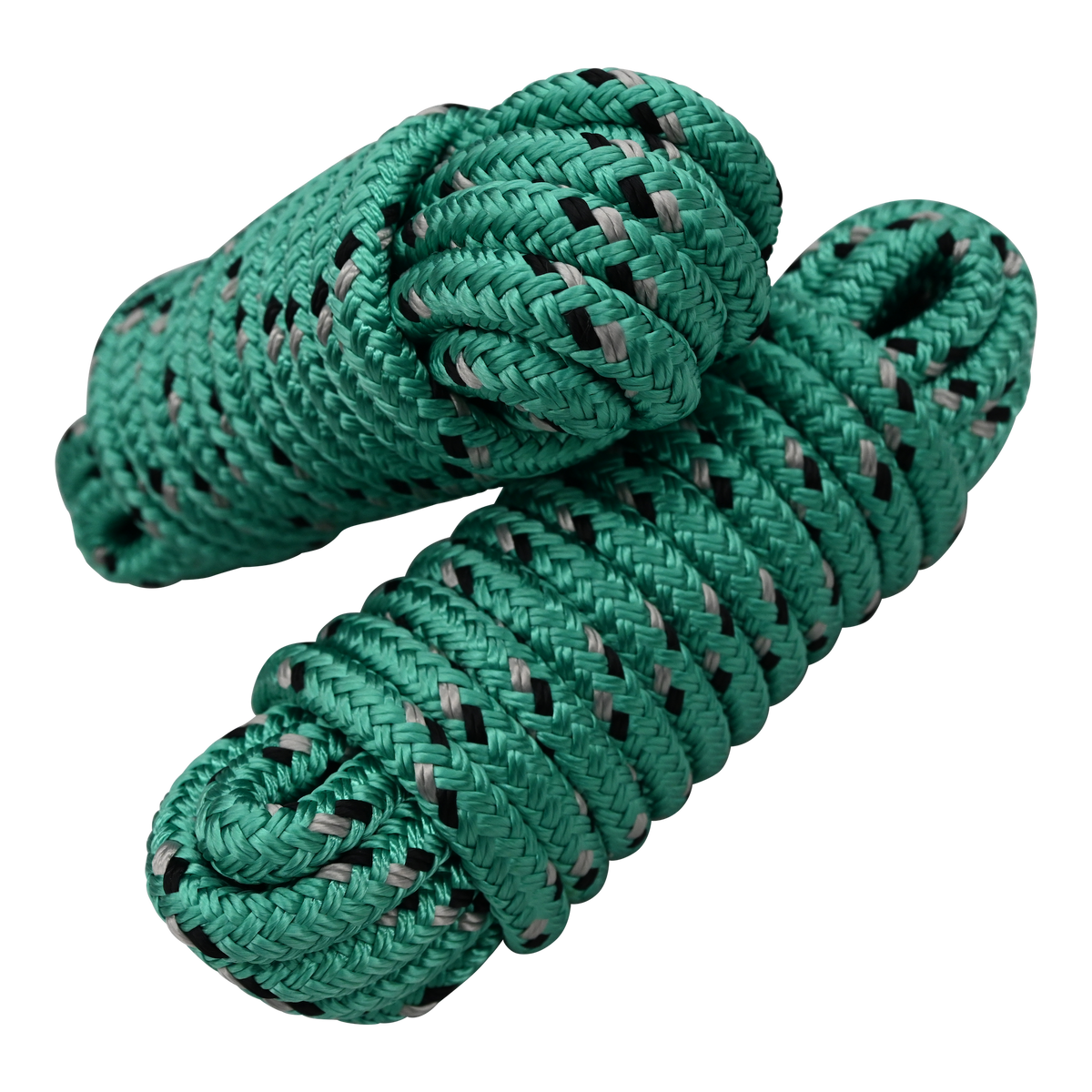 Angled view of two stacked green dock lines with black and gray patterns, coiled and secured with looped ends.