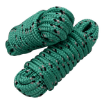 Angled view of two stacked green dock lines with black and gray patterns, coiled and secured with looped ends.