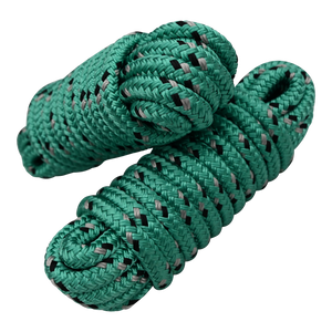Angled view of two stacked green dock lines with black and gray patterns, coiled and secured with looped ends.