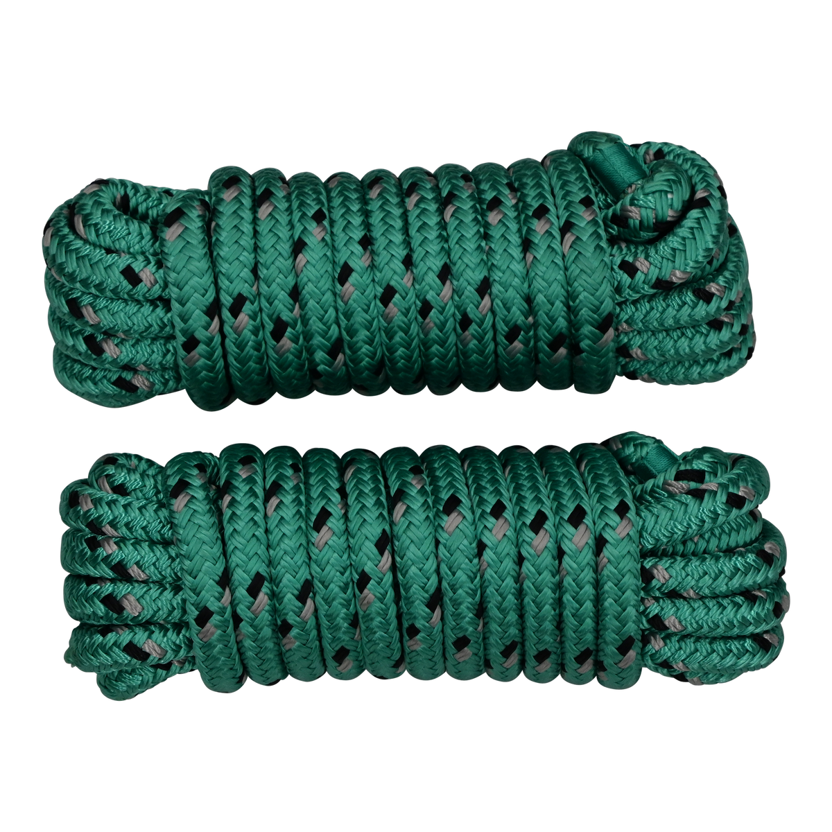 Top view of two coiled green dock lines with black and gray flecks, tightly wrapped with looped ends.