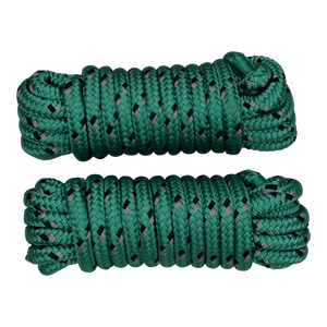 Top view of two coiled green dock lines with black and gray flecks, tightly wrapped with looped ends.