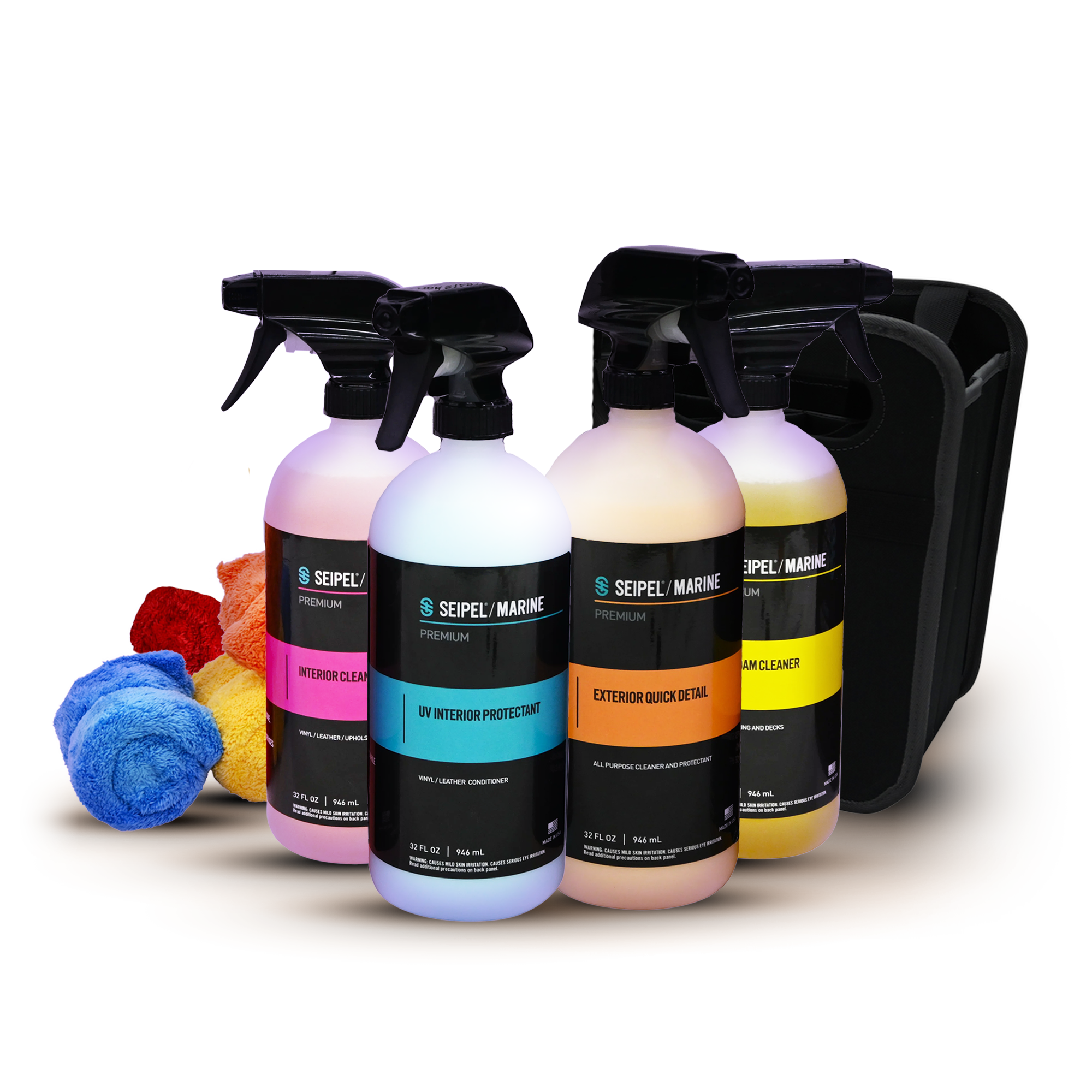 Seipel Marine cleaning kit with four spray bottles, a black carrying case, and microfiber towels.